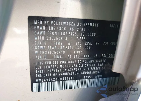 2015 Volkswagen Tiguan S z USA, uszkodzony, nr VIN WVGAV7AX0FW544218